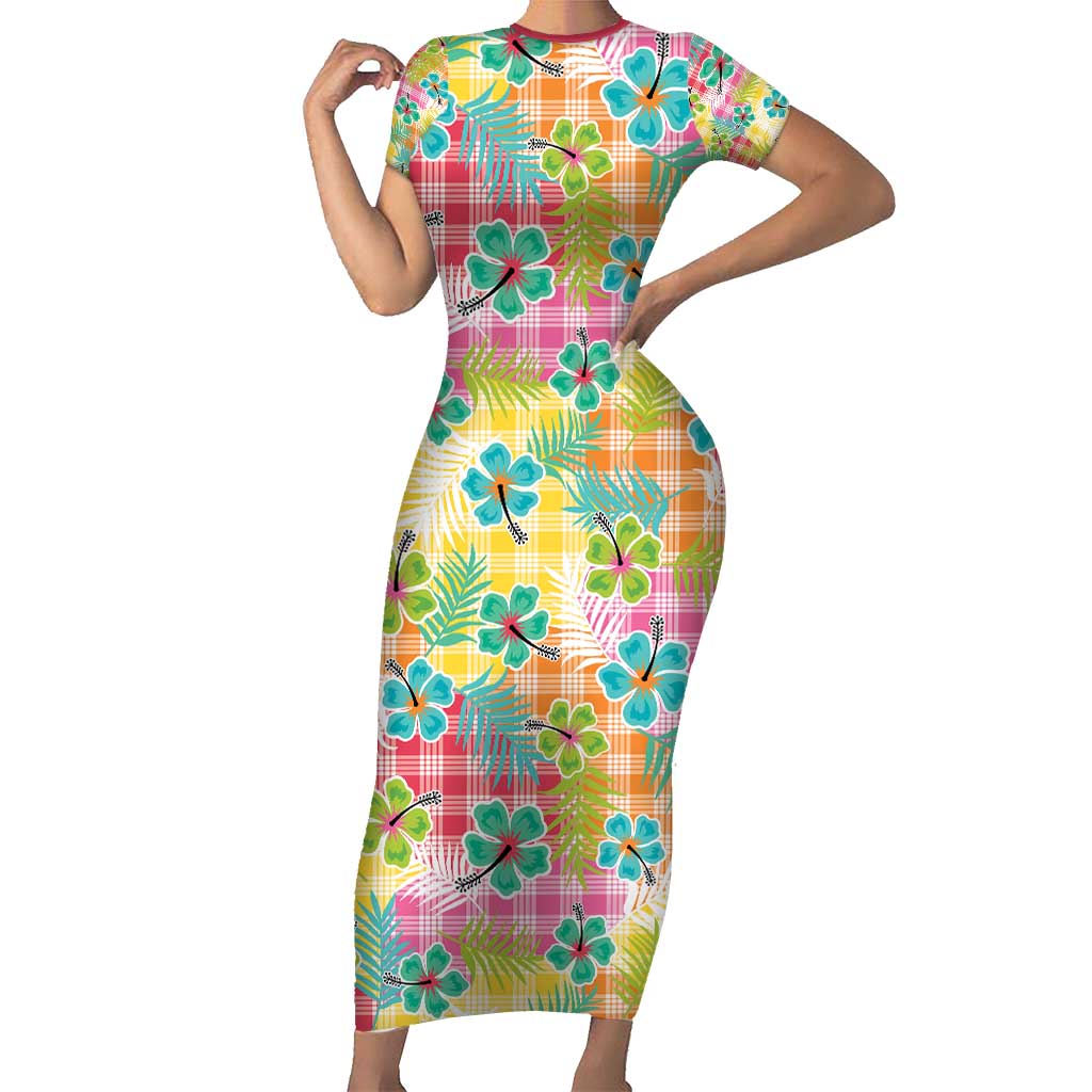 Hawaiian Palaka Short Sleeve Bodycon Dress Hibiscus Palm Leaf Pattern - Polynesian Pride
