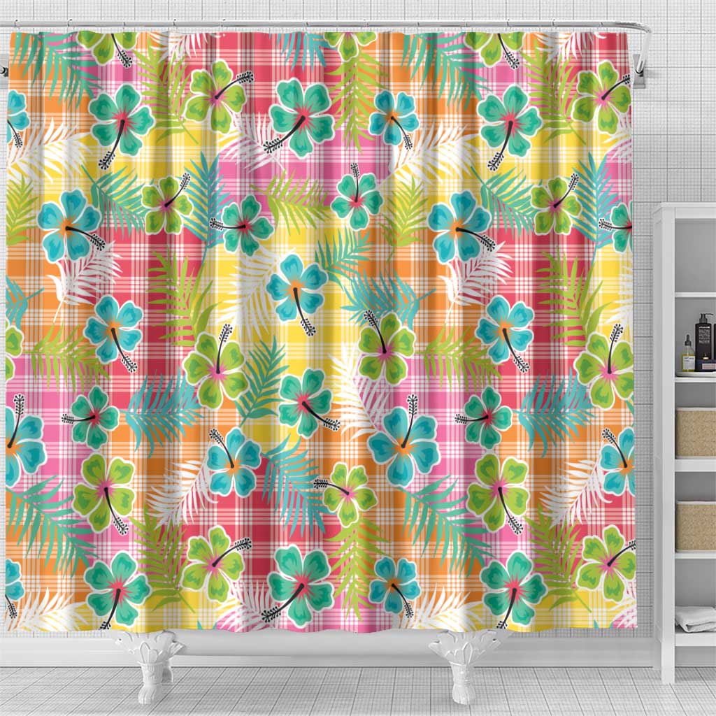 Hawaiian Palaka Shower Curtain Hibiscus Palm Leaf Pattern - Polynesian Pride