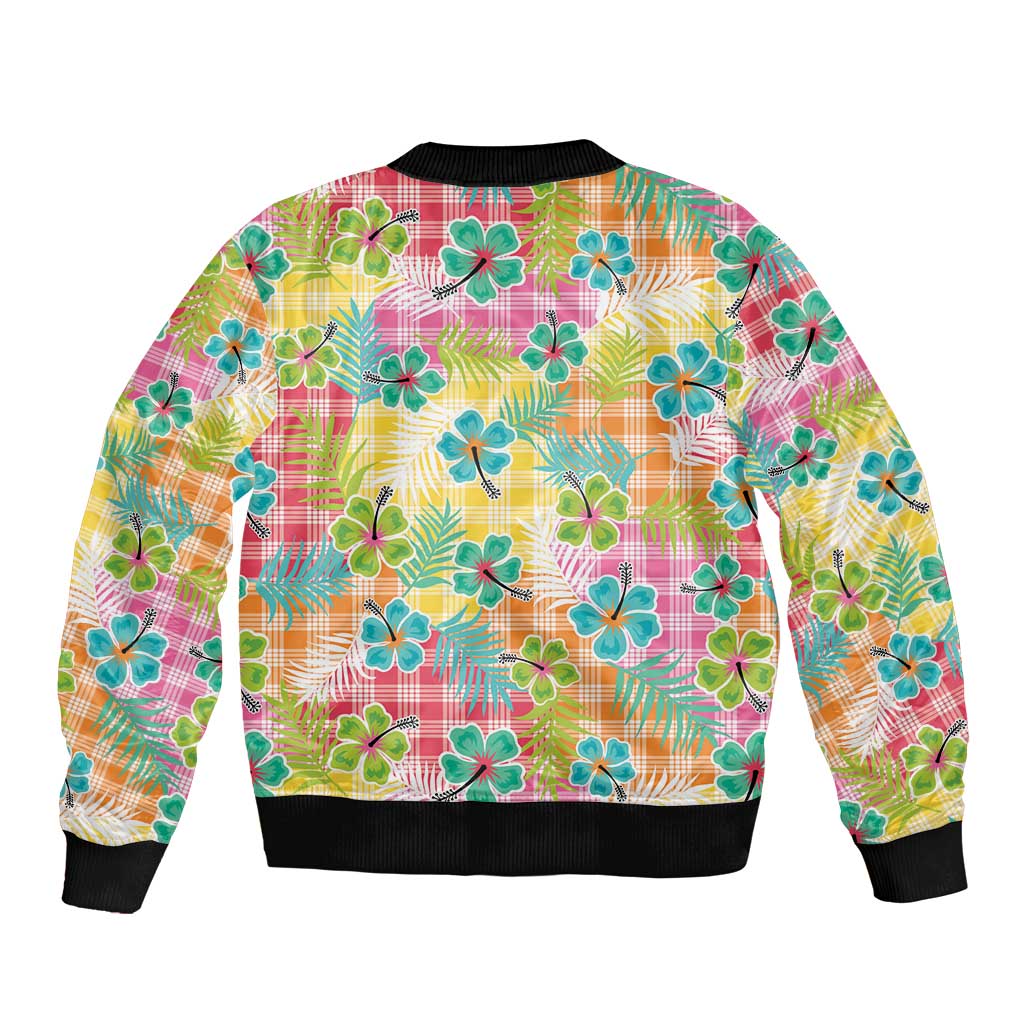 Hawaiian Palaka Sleeve Zip Bomber Jacket Hibiscus Palm Leaf Pattern LT9 - Polynesian Pride