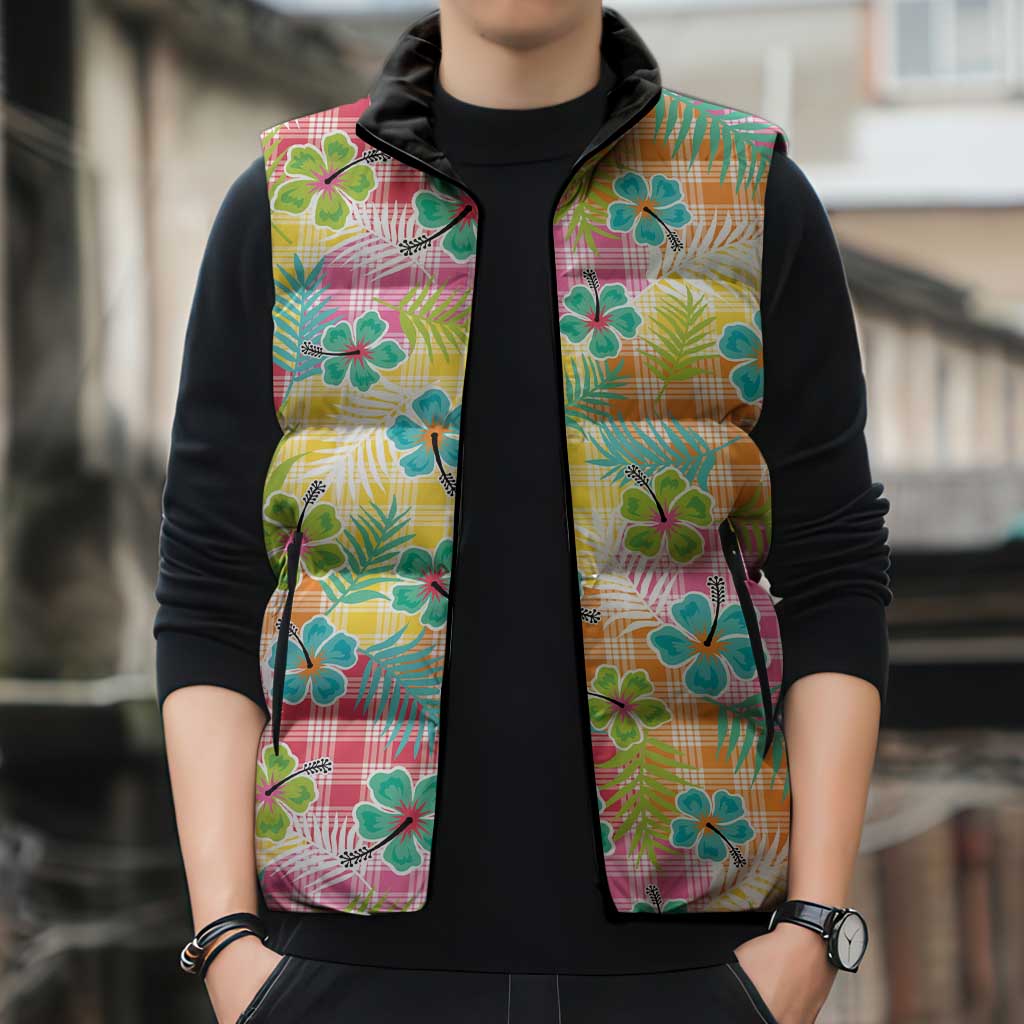 Hawaiian Palaka Sleeveless Puffer Jacket Hibiscus Palm Leaf Pattern - Polynesian Pride