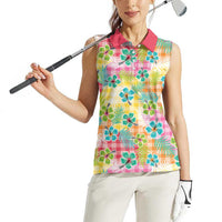 Hawaiian Palaka Women Sleeveless Polo Shirt Hibiscus Palm Leaf Pattern - Polynesian Pride