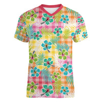 Hawaiian Palaka Women V-Neck T-Shirt Hibiscus Palm Leaf Pattern LT9 Female Yellow - Polynesian Pride