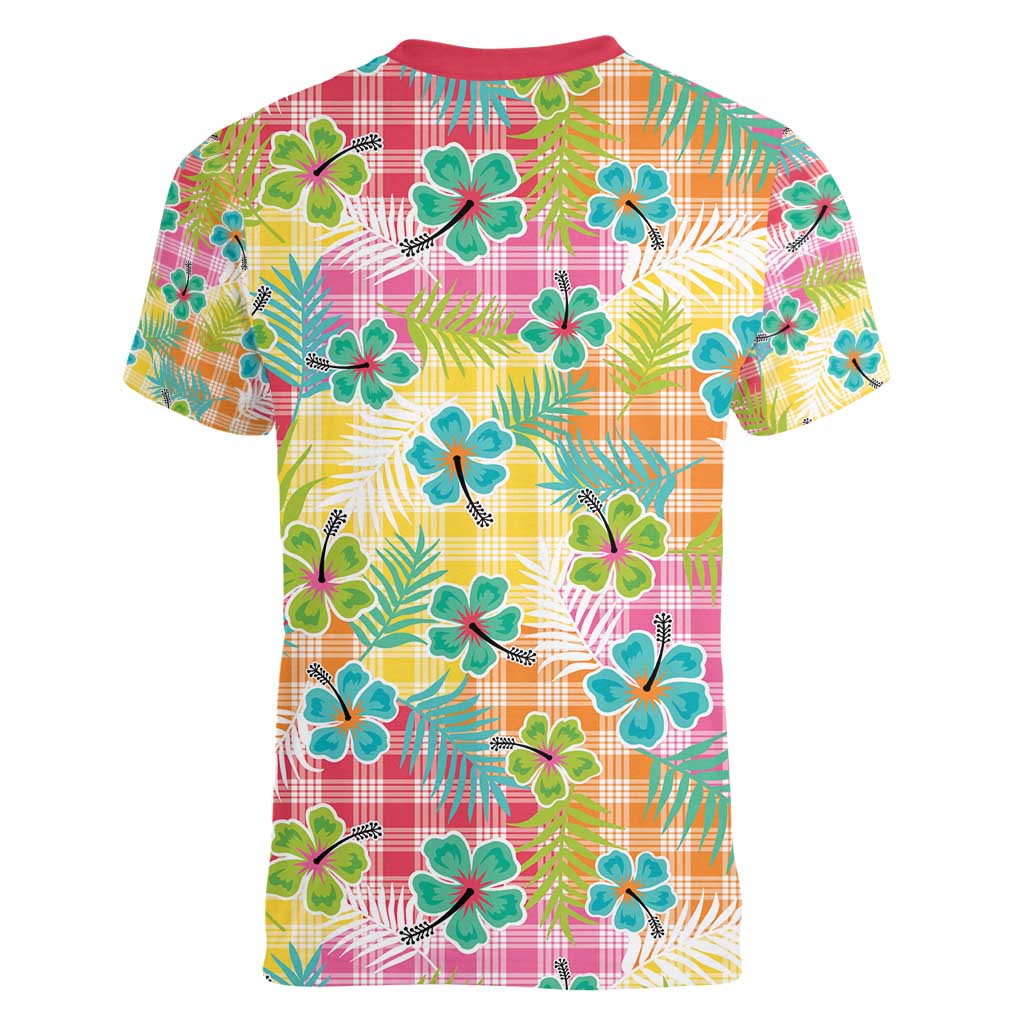 Hawaiian Palaka Women V-Neck T-Shirt Hibiscus Palm Leaf Pattern LT9 - Polynesian Pride