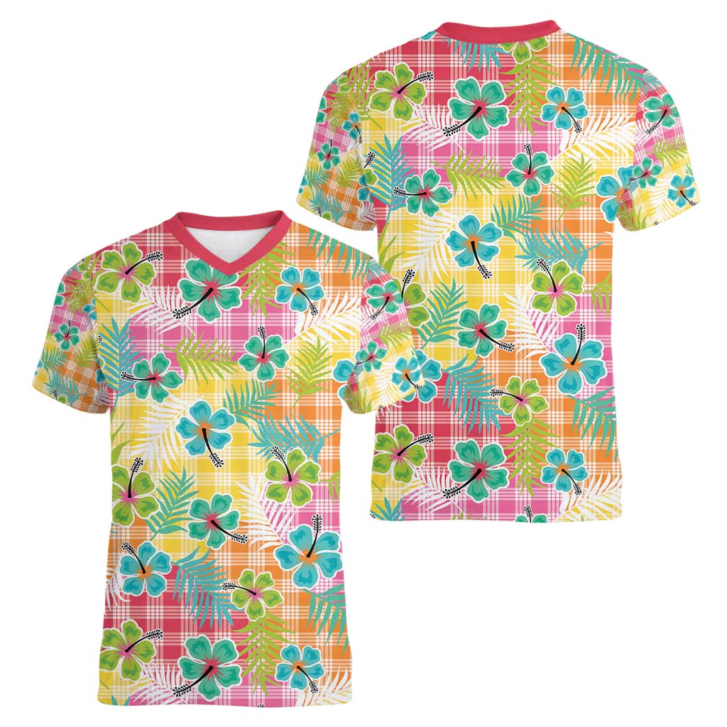 Hawaiian Palaka Women V-Neck T-Shirt Hibiscus Palm Leaf Pattern LT9 - Polynesian Pride