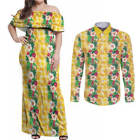 Hawaiian Palaka Couples Matching Off Shoulder Maxi Dress and Long Sleeve Button Shirt Hibiscus Pineapple Lei - Polynesian Pride