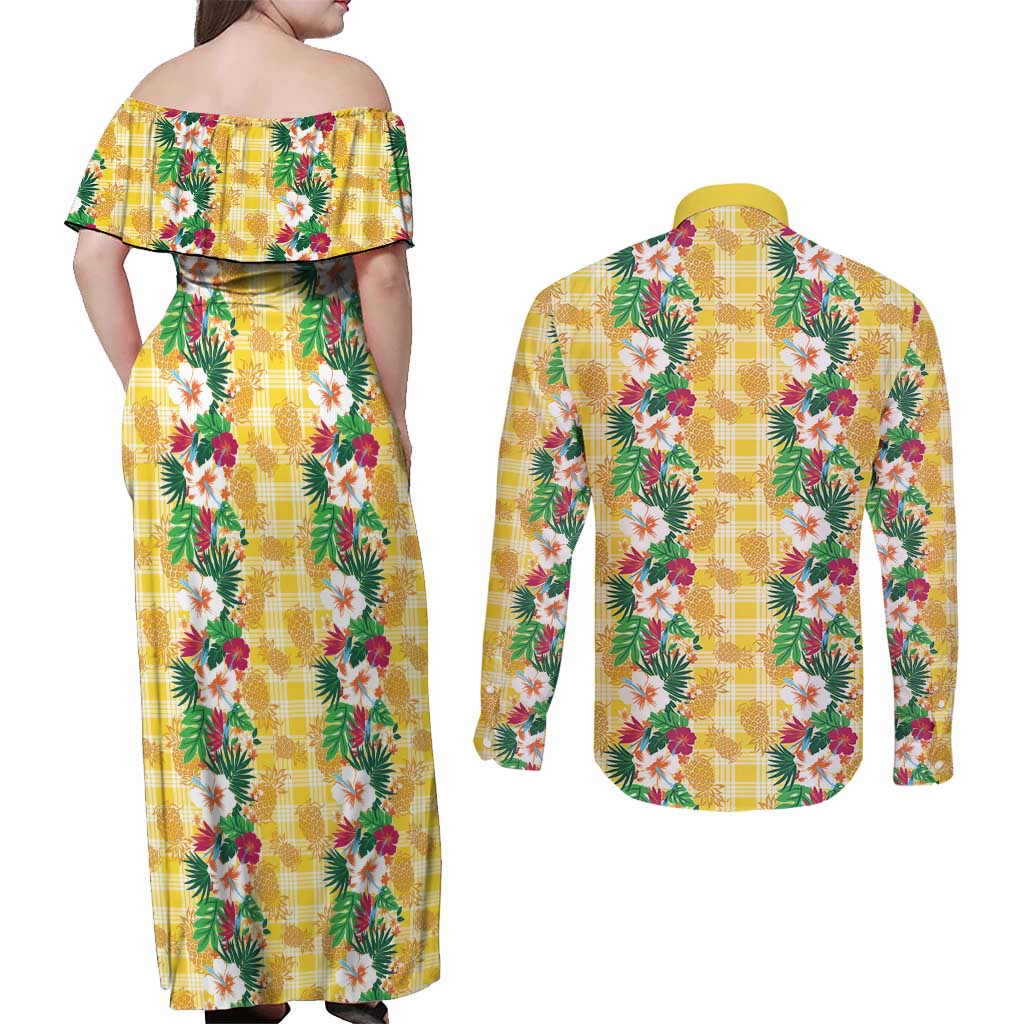 Hawaiian Palaka Couples Matching Off Shoulder Maxi Dress and Long Sleeve Button Shirt Hibiscus Pineapple Lei - Polynesian Pride
