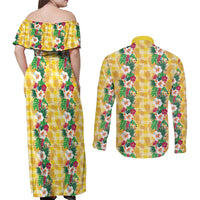 Hawaiian Palaka Couples Matching Off Shoulder Maxi Dress and Long Sleeve Button Shirt Hibiscus Pineapple Lei - Polynesian Pride