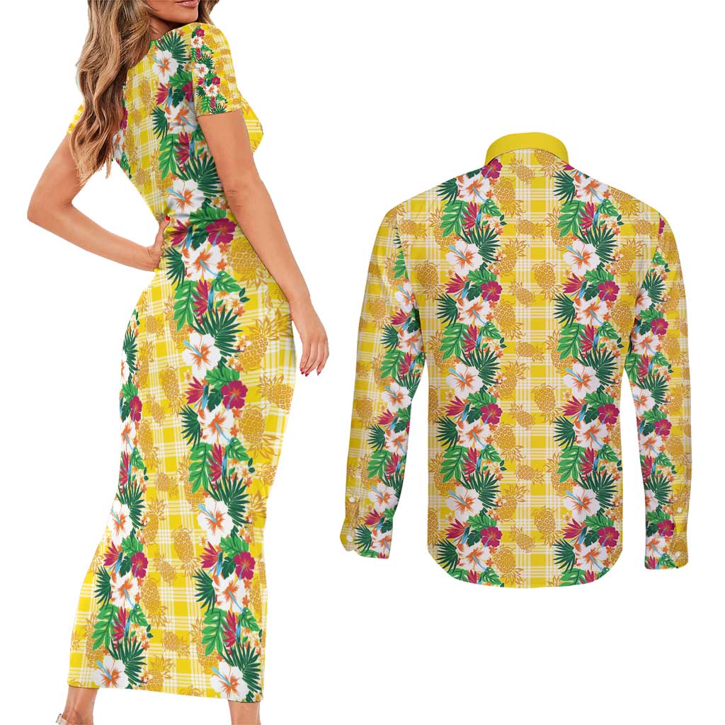 Hawaiian Palaka Couples Matching Short Sleeve Bodycon Dress and Long Sleeve Button Shirt Hibiscus Pineapple Lei - Polynesian Pride