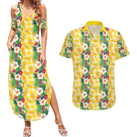 Hawaiian Palaka Couples Matching Summer Maxi Dress and Hawaiian Shirt Hibiscus Pineapple Lei - Polynesian Pride