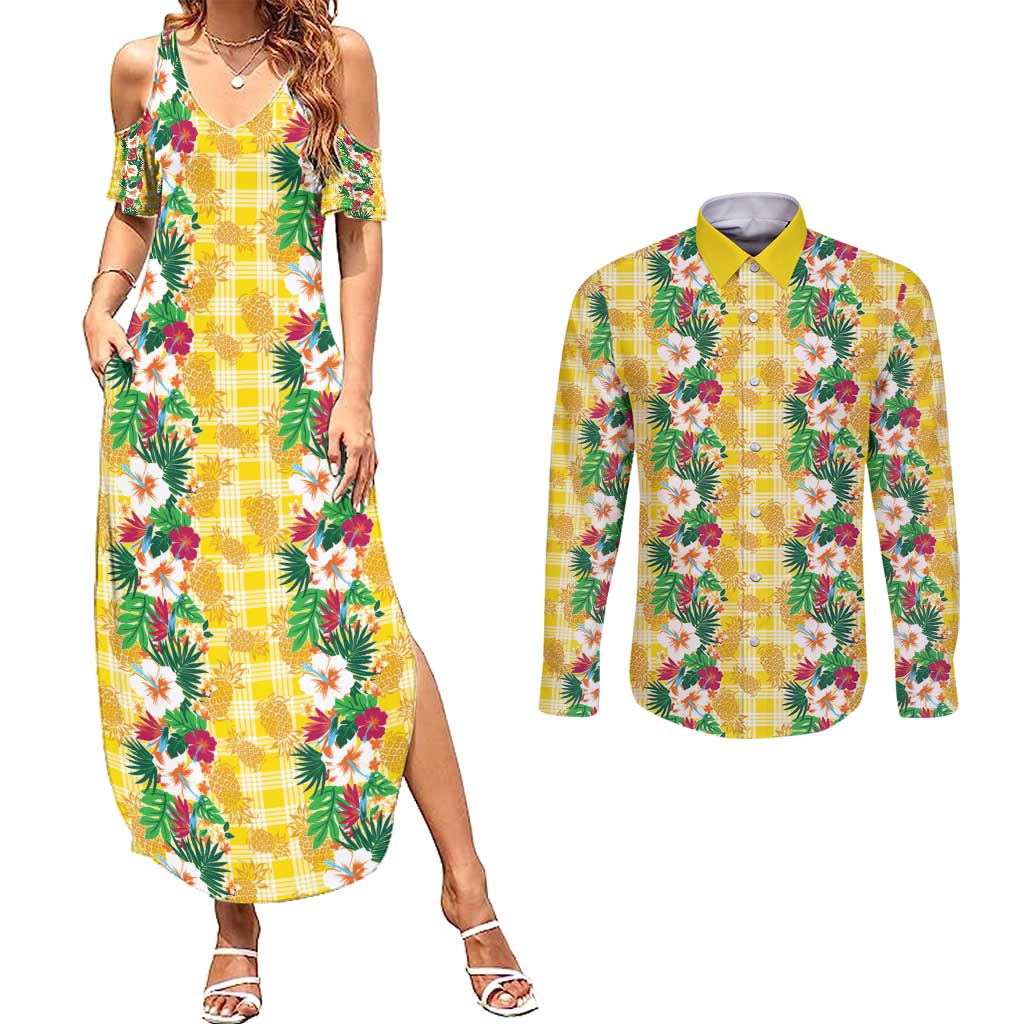 Hawaiian Palaka Couples Matching Summer Maxi Dress and Long Sleeve Button Shirt Hibiscus Pineapple Lei - Polynesian Pride