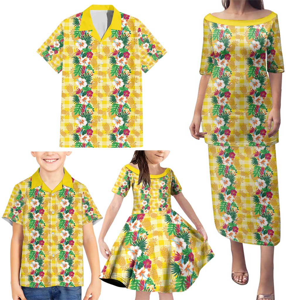 Hawaiian Palaka Family Matching Puletasi and Hawaiian Shirt Hibiscus Pineapple Lei - Polynesian Pride