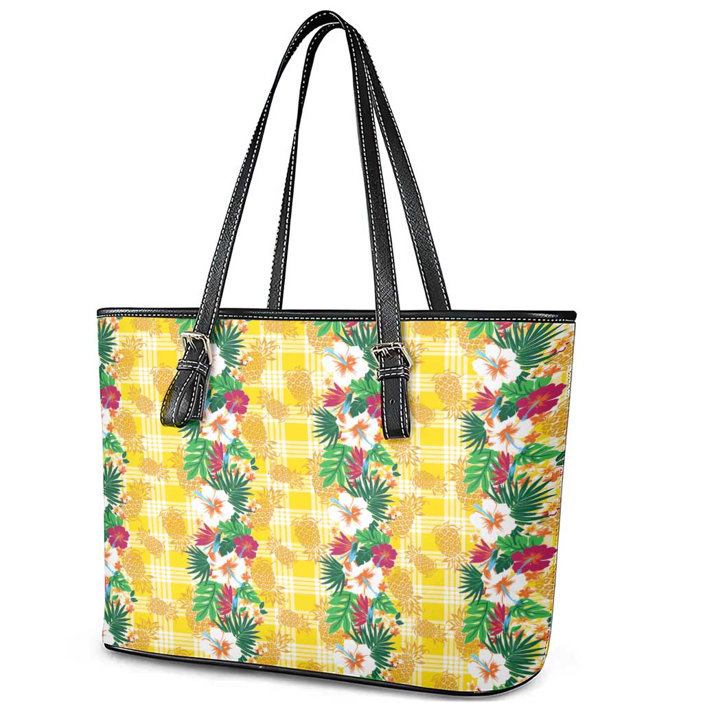 Hawaiian Palaka Leather Tote Bag Hibiscus Pineapple Lei - Polynesian Pride