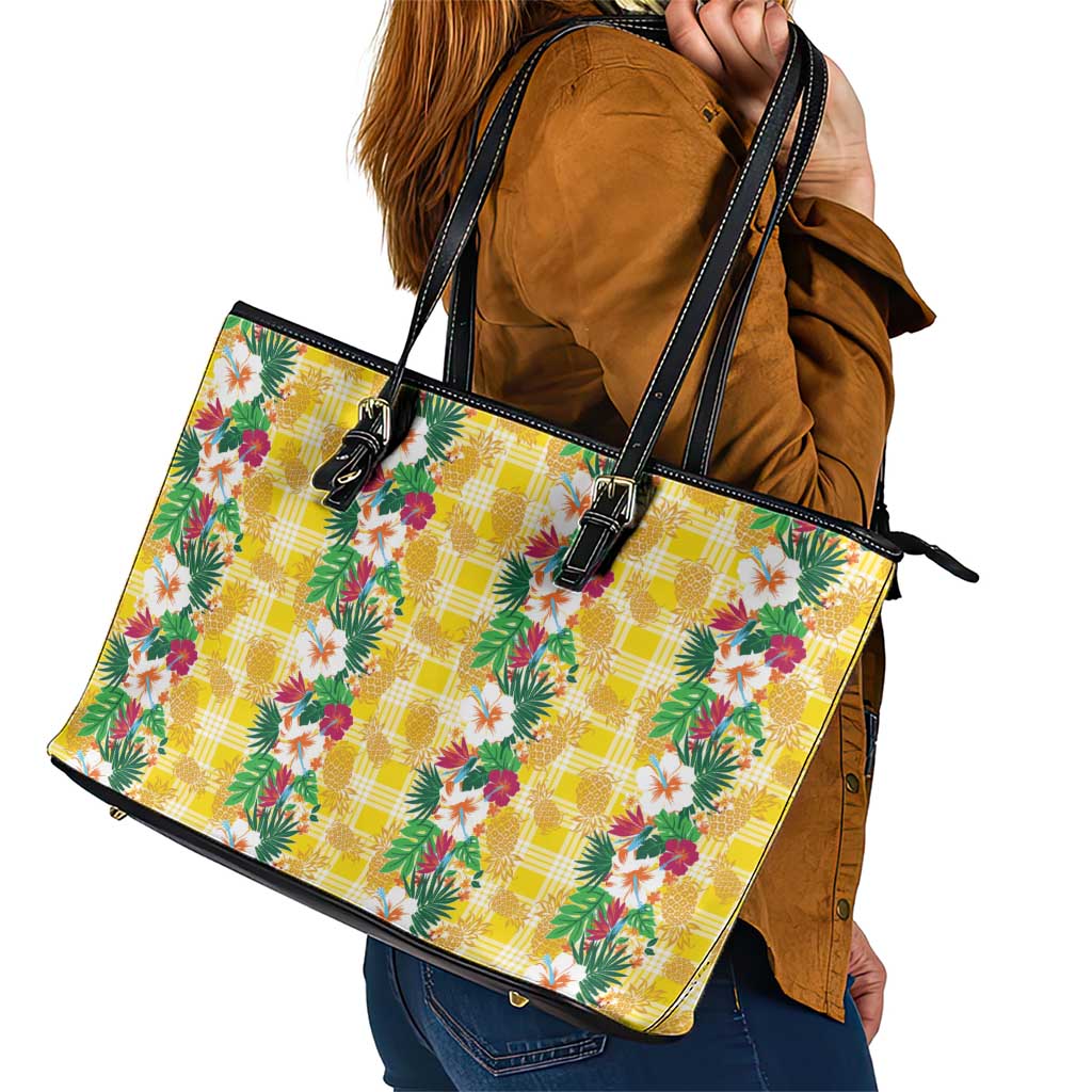 Hawaiian Palaka Leather Tote Bag Hibiscus Pineapple Lei - Polynesian Pride
