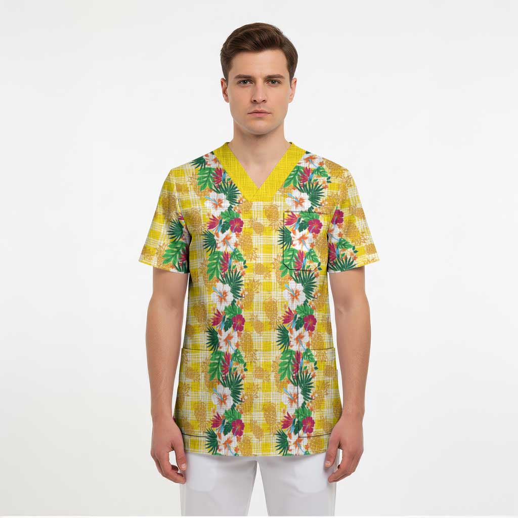 Hawaiian Palaka Scrub Top Hibiscus Pineapple Lei - Polynesian Pride