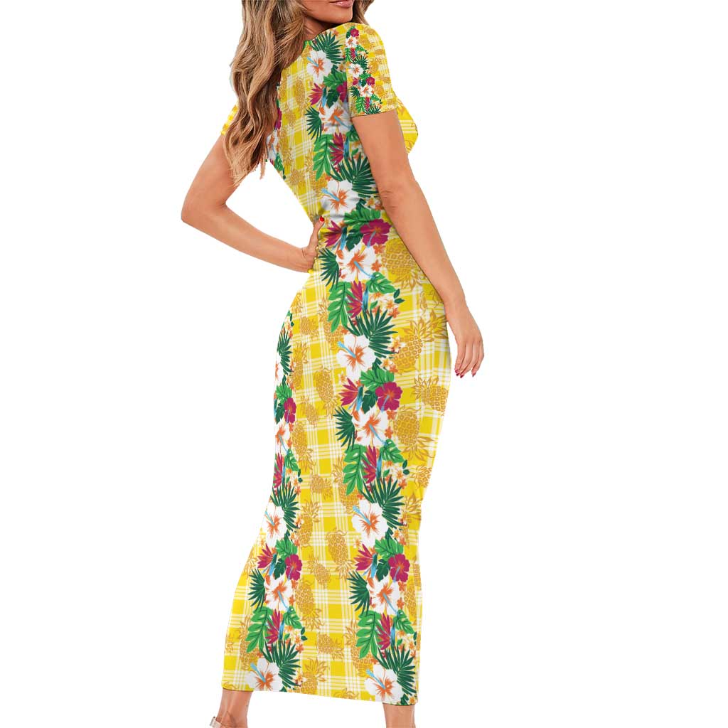 Hawaiian Palaka Short Sleeve Bodycon Dress Hibiscus Pineapple Lei - Polynesian Pride