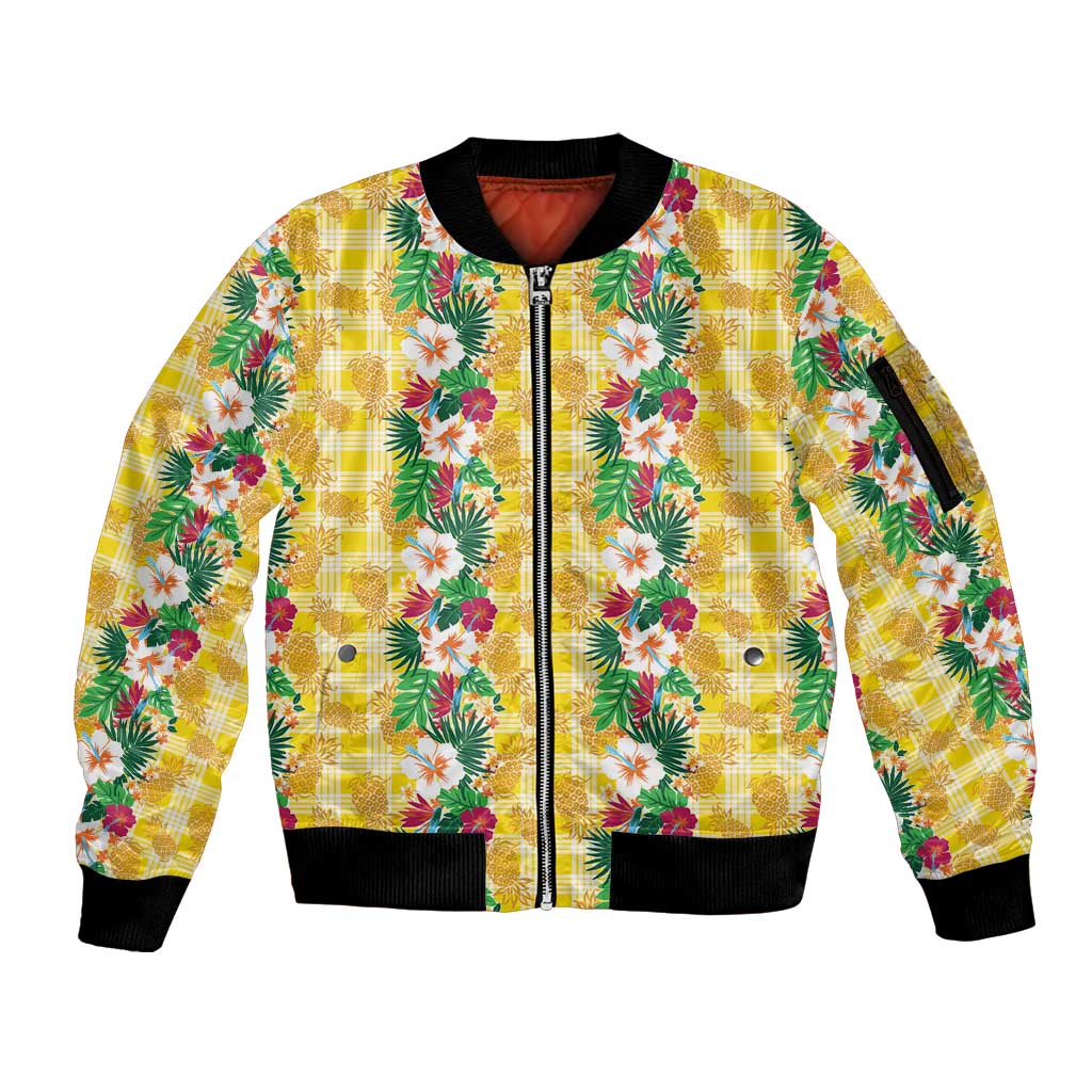 Hawaiian Palaka Sleeve Zip Bomber Jacket Hibiscus Pineapple Lei LT9 Unisex Yellow - Polynesian Pride