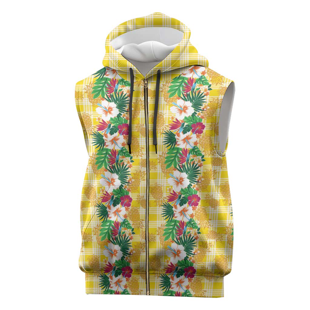 Hawaiian Palaka Sleeveless Zip Hoodie Hibiscus Pineapple Lei - Polynesian Pride