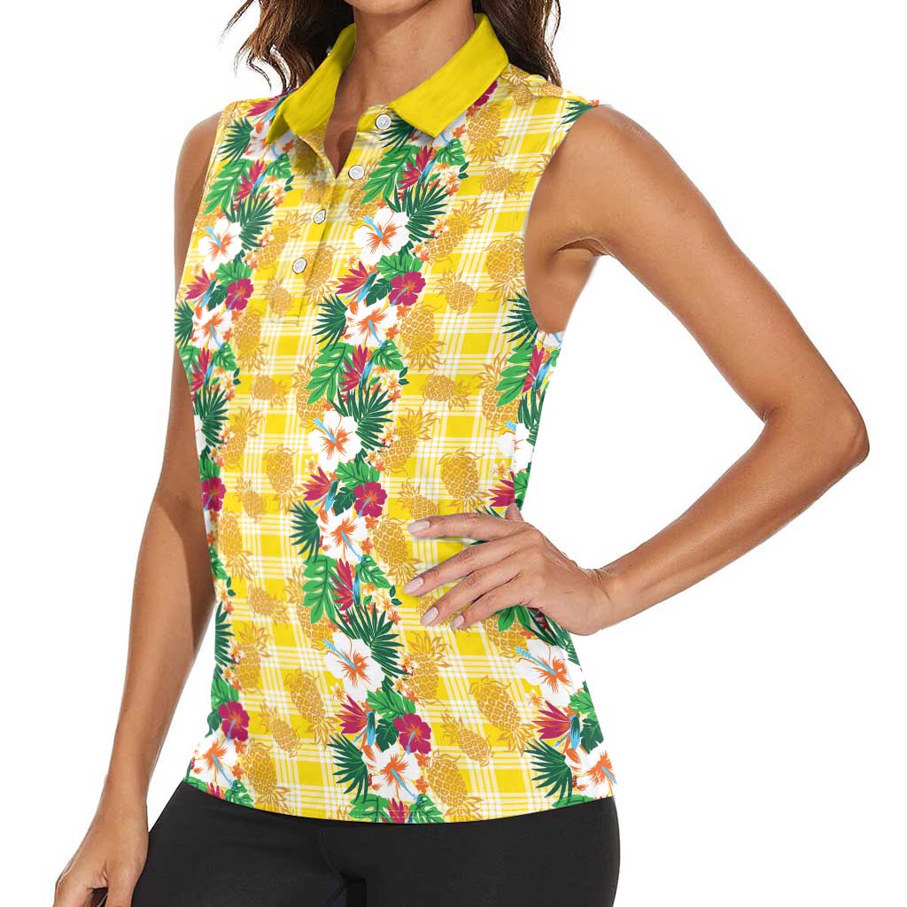 Hawaiian Palaka Women Sleeveless Polo Shirt Hibiscus Pineapple Lei - Polynesian Pride