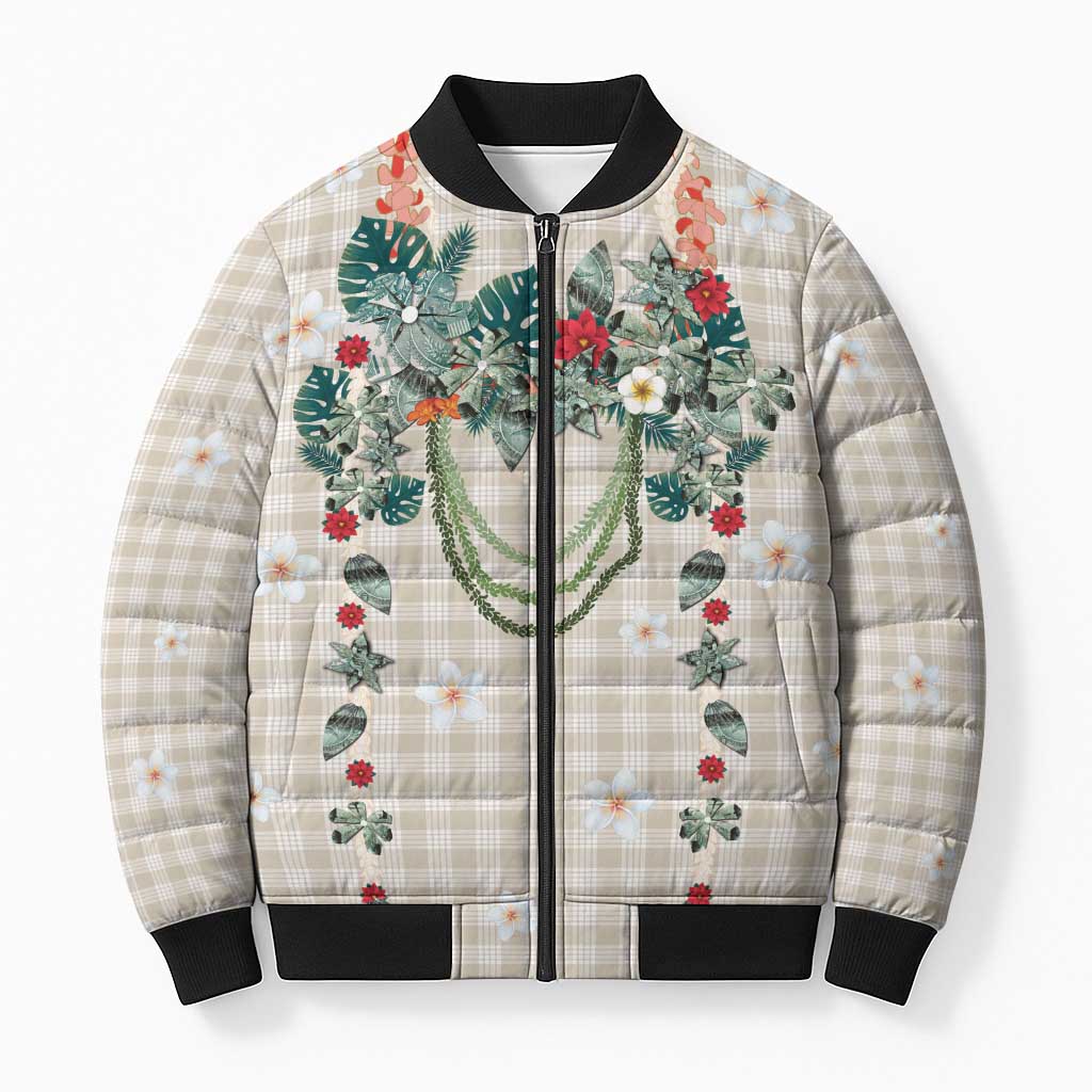 Brown Hawaiian Palaka Bomber Puffer Jacket Kukui Nut Money Lei - Polynesian Pride