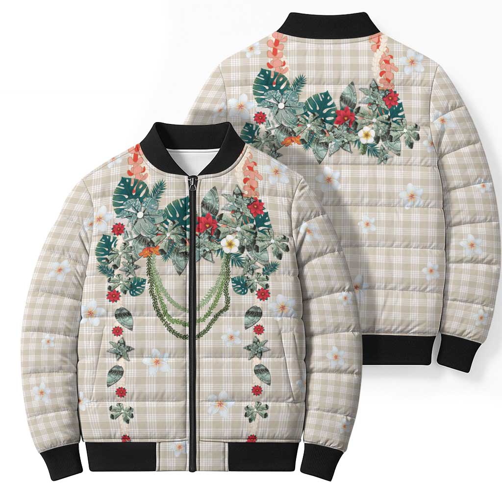 Brown Hawaiian Palaka Bomber Puffer Jacket Kukui Nut Money Lei LT9 - Polynesian Pride