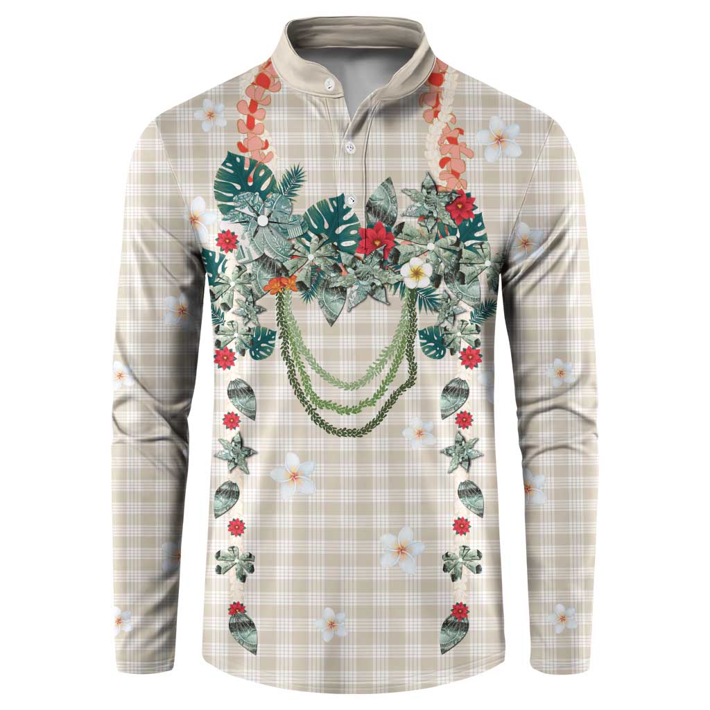 Brown Hawaiian Palaka Button Sweatshirt Kukui Nut Money Lei - Polynesian Pride