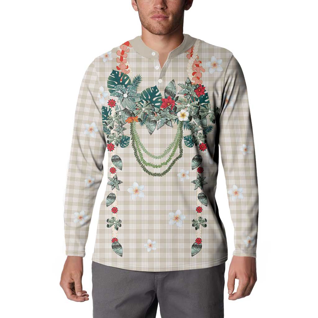 Brown Hawaiian Palaka Button Sweatshirt Kukui Nut Money Lei LT9 - Polynesian Pride