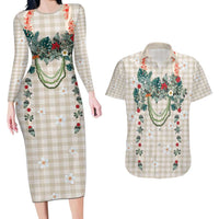 Brown Hawaiian Palaka Couples Matching Long Sleeve Bodycon Dress and Hawaiian Shirt Kukui Nut Money Lei - Polynesian Pride