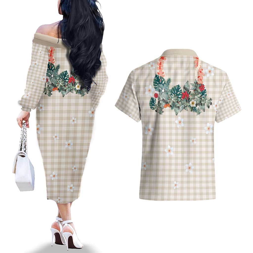 Brown Hawaiian Palaka Couples Matching Off The Shoulder Long Sleeve Dress and Hawaiian Shirt Kukui Nut Money Lei - Polynesian Pride