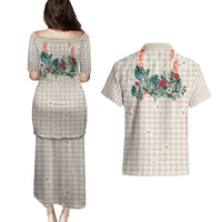 Brown Hawaiian Palaka Couples Matching Puletasi and Hawaiian Shirt Kukui Nut Money Lei - Polynesian Pride