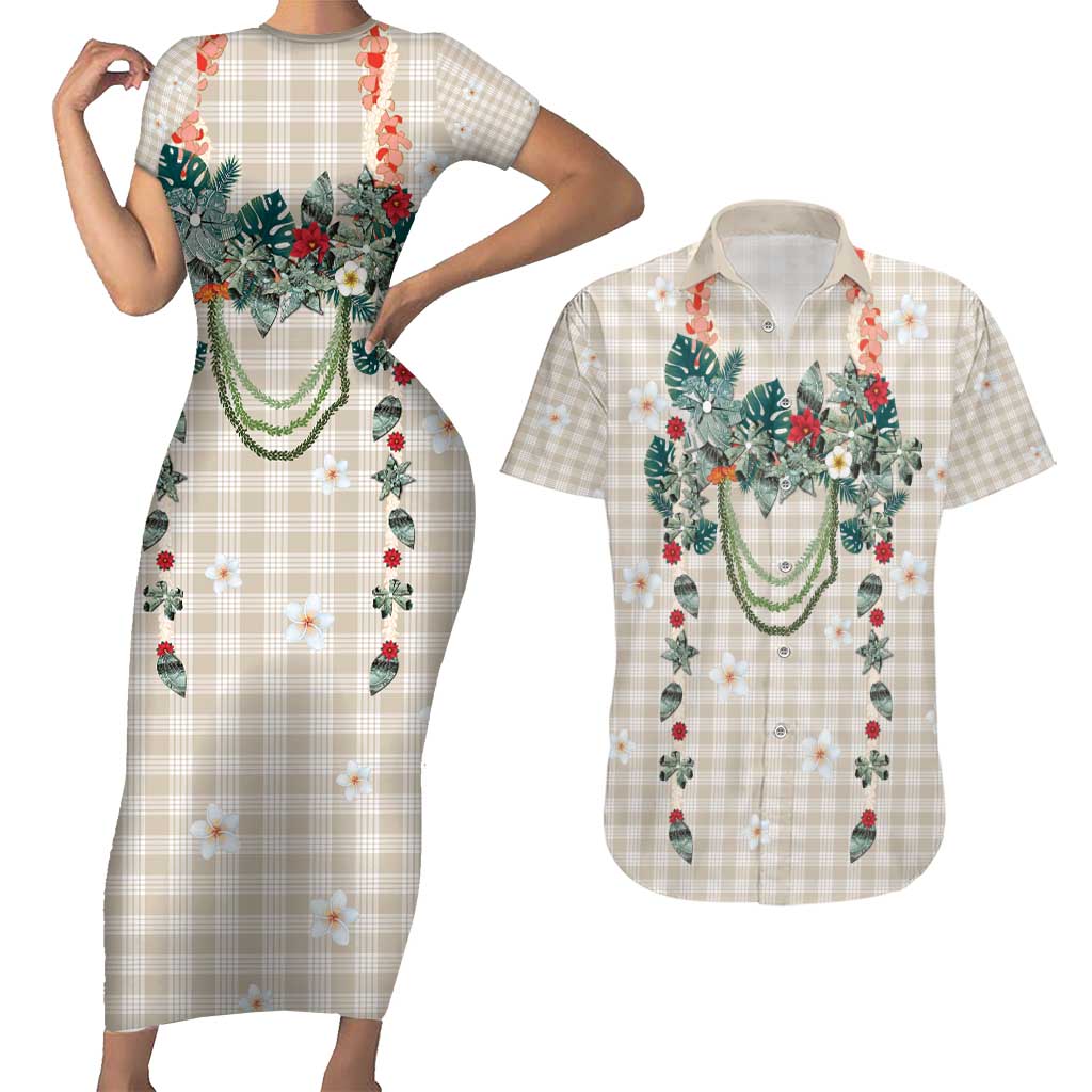 Brown Hawaiian Palaka Couples Matching Short Sleeve Bodycon Dress and Hawaiian Shirt Kukui Nut Money Lei - Polynesian Pride