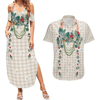 Brown Hawaiian Palaka Couples Matching Summer Maxi Dress and Hawaiian Shirt Kukui Nut Money Lei - Polynesian Pride