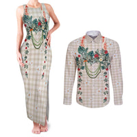 Brown Hawaiian Palaka Couples Matching Tank Maxi Dress and Long Sleeve Button Shirt Kukui Nut Money Lei - Polynesian Pride