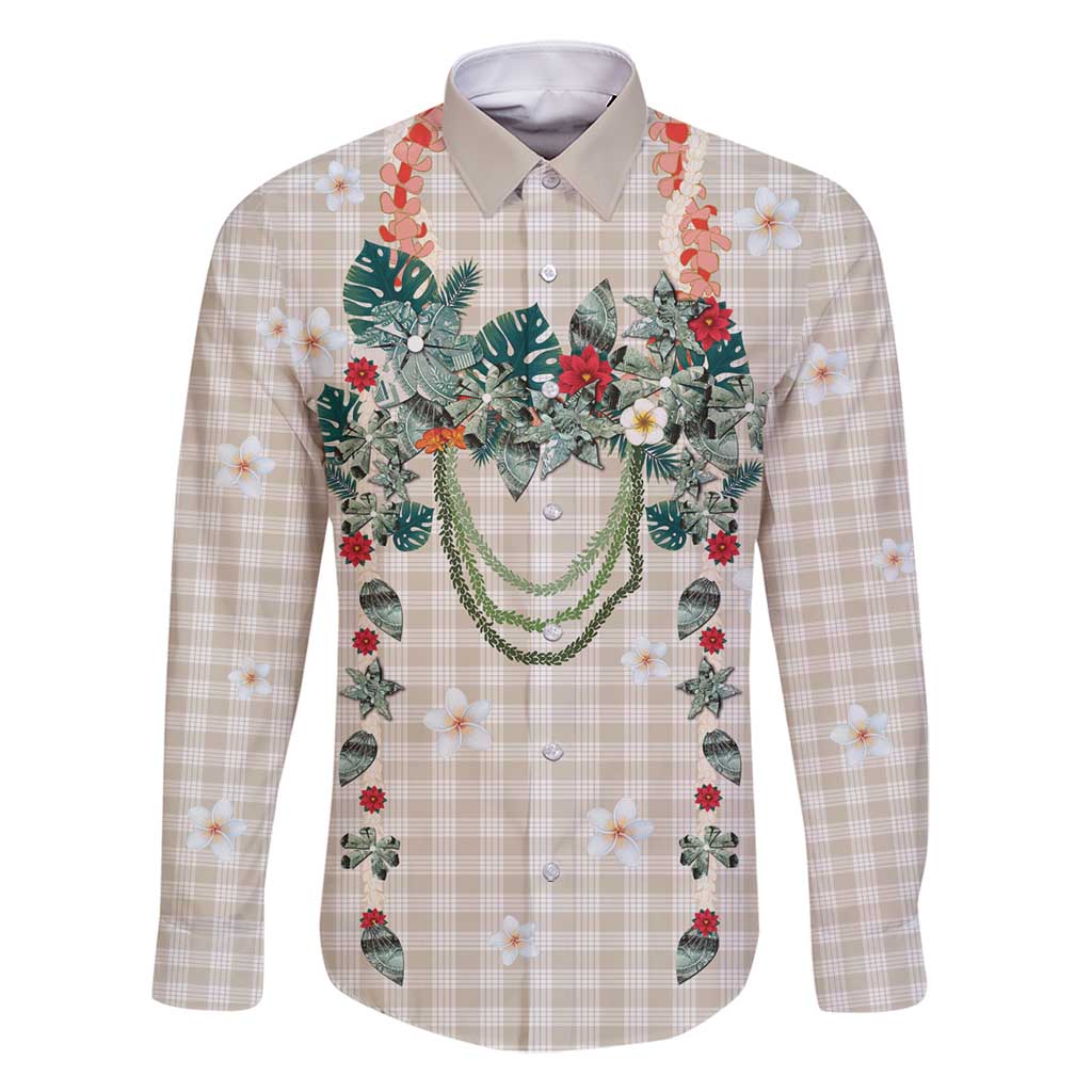 Brown Hawaiian Palaka Family Matching Off Shoulder Maxi Dress and Hawaiian Shirt Kukui Nut Money Lei - Polynesian Pride