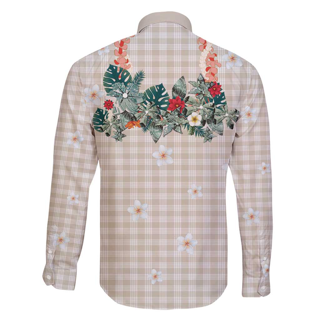 Brown Hawaiian Palaka Family Matching Off Shoulder Maxi Dress and Hawaiian Shirt Kukui Nut Money Lei - Polynesian Pride