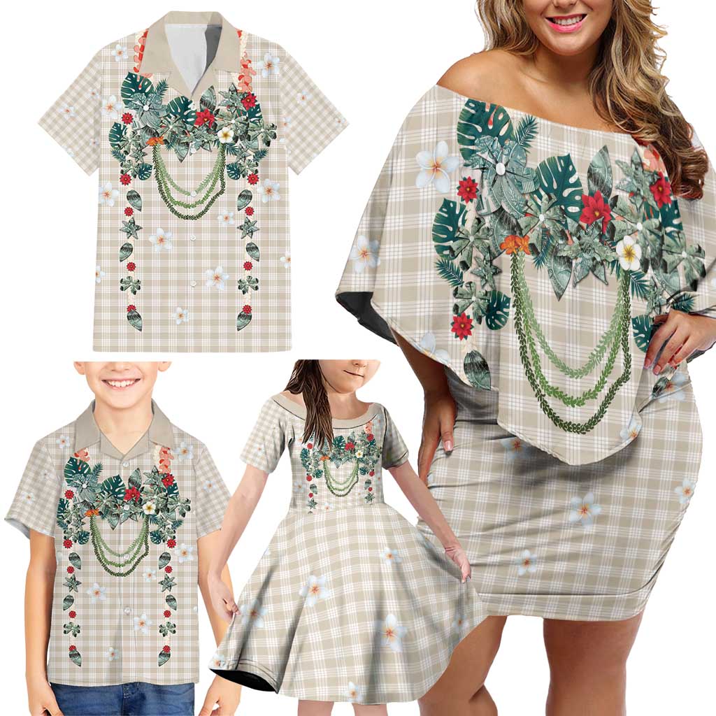 Brown Hawaiian Palaka Family Matching Off Shoulder Short Dress and Hawaiian Shirt Kukui Nut Money Lei - Polynesian Pride