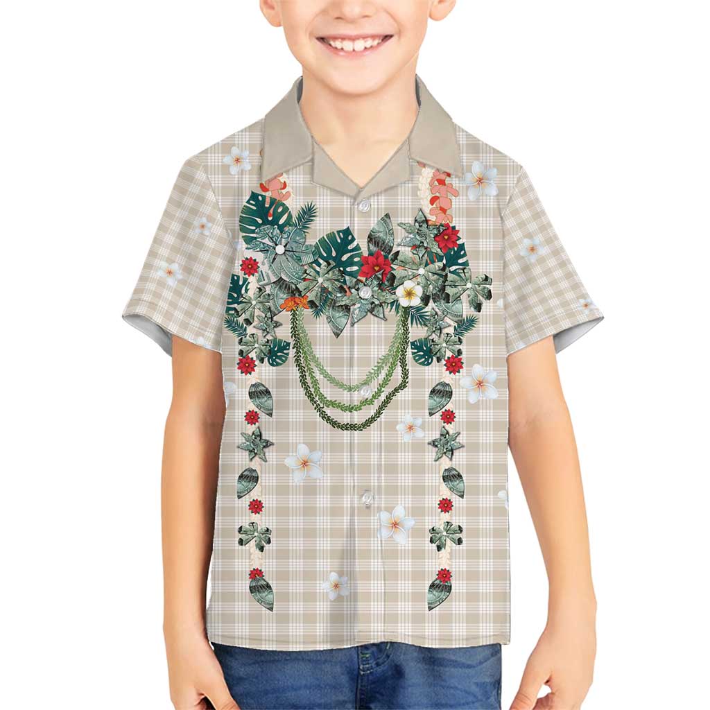 Brown Hawaiian Palaka Family Matching Summer Maxi Dress and Hawaiian Shirt Kukui Nut Money Lei - Polynesian Pride