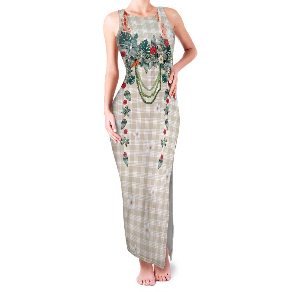 Brown Hawaiian Palaka Family Matching Tank Maxi Dress and Hawaiian Shirt Kukui Nut Money Lei - Polynesian Pride