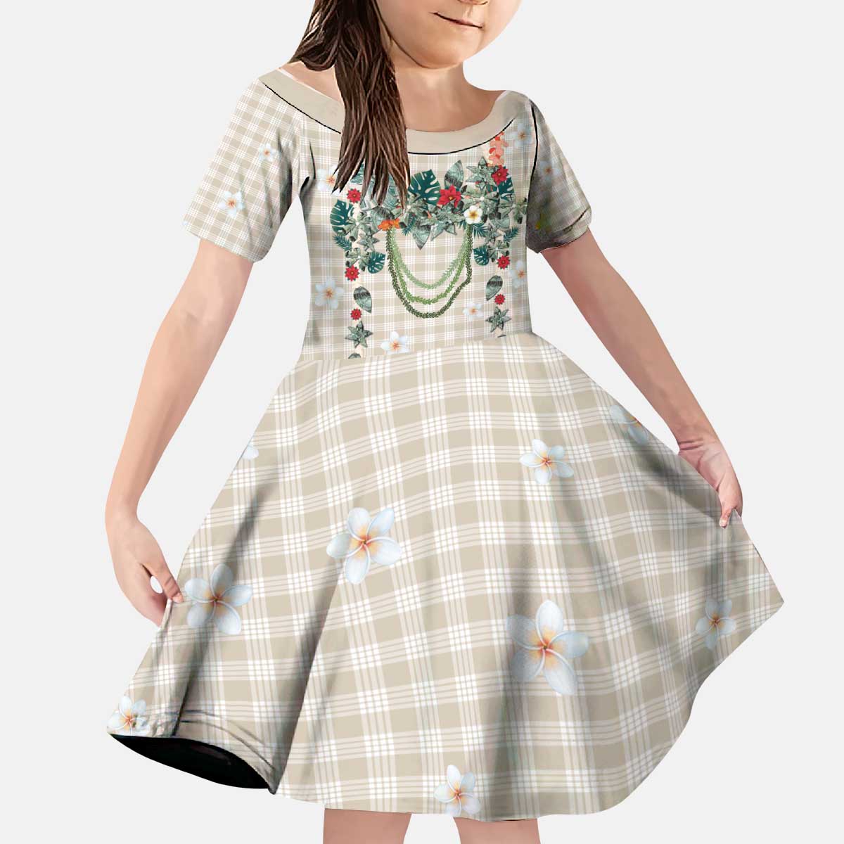 Brown Hawaiian Palaka Kid Short Sleeve Dress Kukui Nut Money Lei - Polynesian Pride