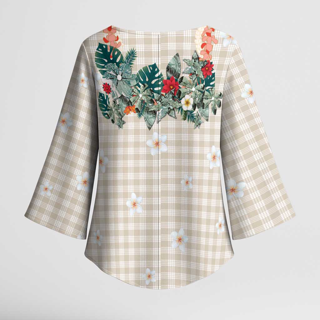 Brown Hawaiian Palaka Kimono Sleeve Blouse Kukui Nut Money Lei - Polynesian Pride