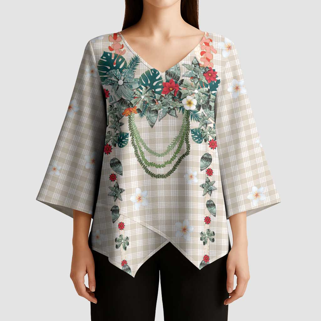 Brown Hawaiian Palaka Kimono Sleeve Blouse Kukui Nut Money Lei - Polynesian Pride