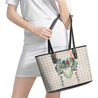 Brown Hawaiian Palaka Leather Tote Bag Kukui Nut Money Lei - Polynesian Pride