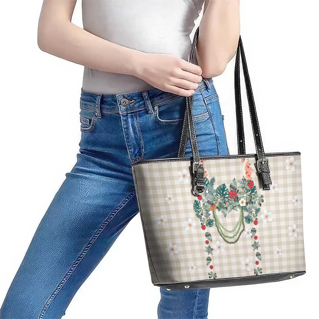 Brown Hawaiian Palaka Leather Tote Bag Kukui Nut Money Lei - Polynesian Pride