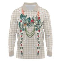 Brown Hawaiian Palaka Long Sleeve Polo Shirt Kukui Nut Money Lei - Polynesian Pride