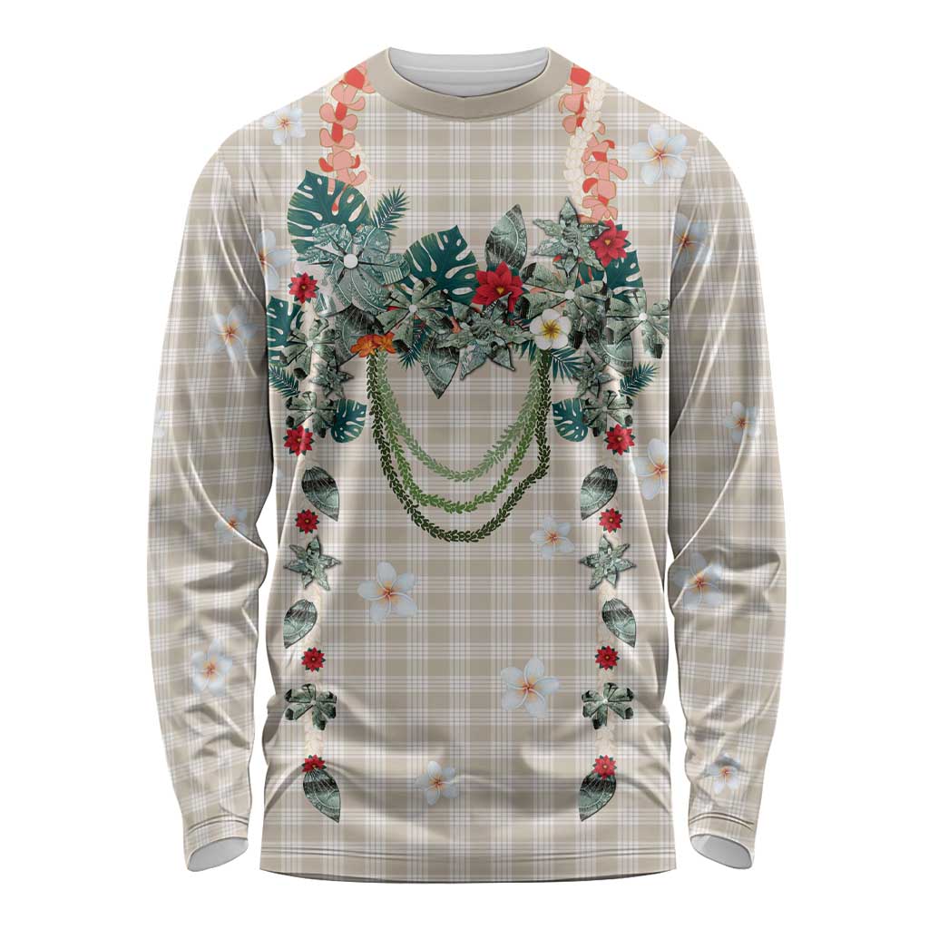 Brown Hawaiian Palaka Long Sleeve Shirt Kukui Nut Money Lei - Polynesian Pride