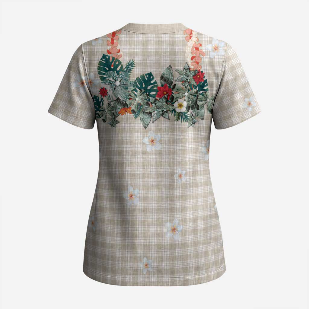 Brown Hawaiian Palaka Scrub Top Kukui Nut Money Lei - Polynesian Pride