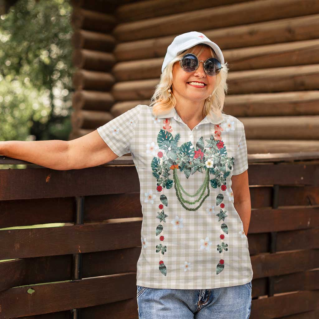 Brown Hawaiian Palaka Women Polo Shirt Kukui Nut Money Lei - Polynesian Pride