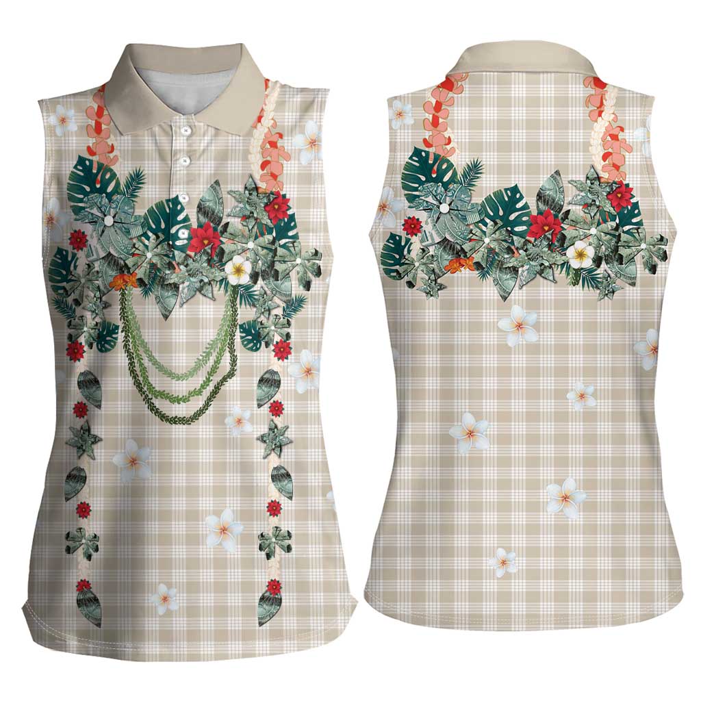 Brown Hawaiian Palaka Women Sleeveless Polo Shirt Kukui Nut Money Lei - Polynesian Pride