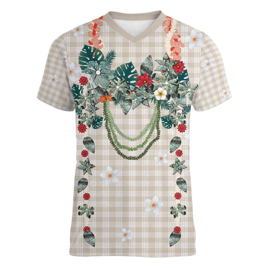 Brown Hawaiian Palaka Women V-Neck T-Shirt Kukui Nut Money Lei LT9 Female Brown - Polynesian Pride