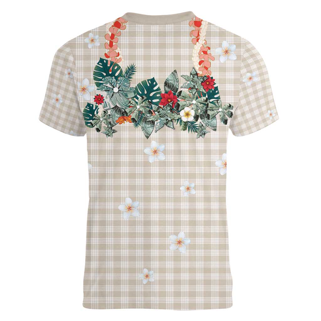 Brown Hawaiian Palaka Women V-Neck T-Shirt Kukui Nut Money Lei LT9 - Polynesian Pride