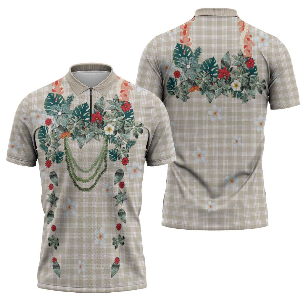 Brown Hawaiian Palaka Zipper Polo Shirt Kukui Nut Money Lei - Polynesian Pride